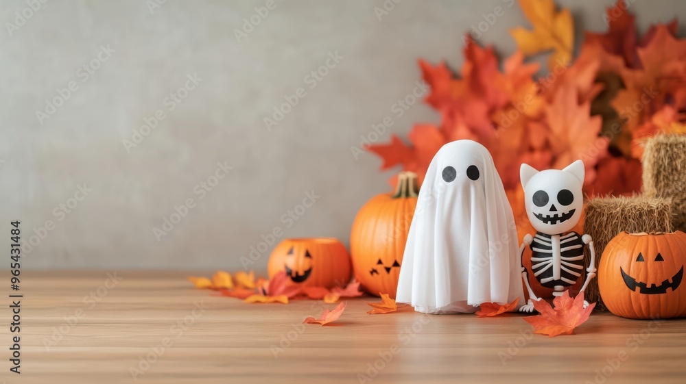 Fototapeta premium Cat dressed as a ghost and a dog as a skeleton, sitting among seasonal decorations like carved pumpkins, autumn leaves, and hay bales