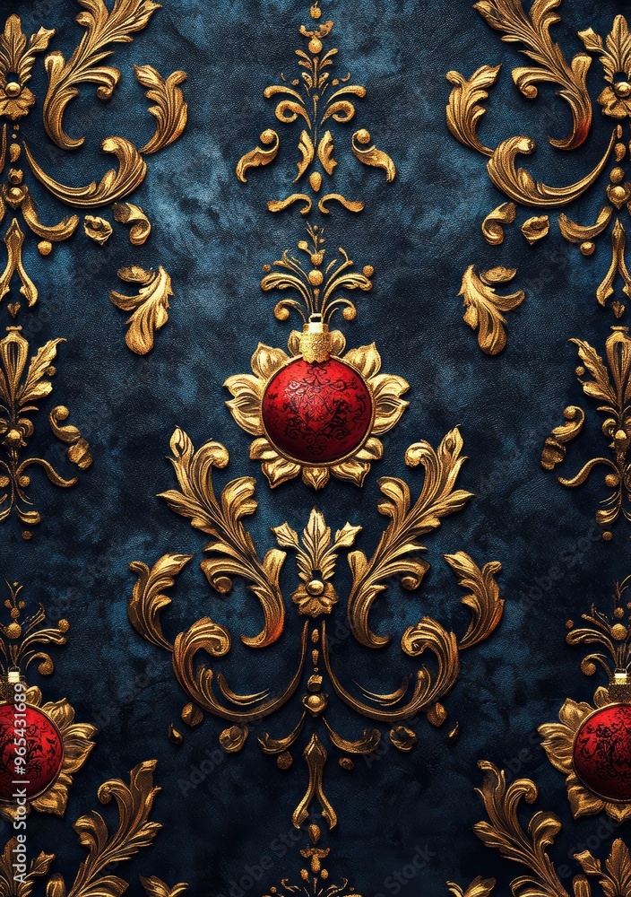 Ornate wallpaper texture featuring golden patterns and rich red accents on a deep blue background, perfect for elegant designs. Ornate wallpaper texture featuring golden patterns and rich red accents on a deep blue background, perfect for elegant designs.