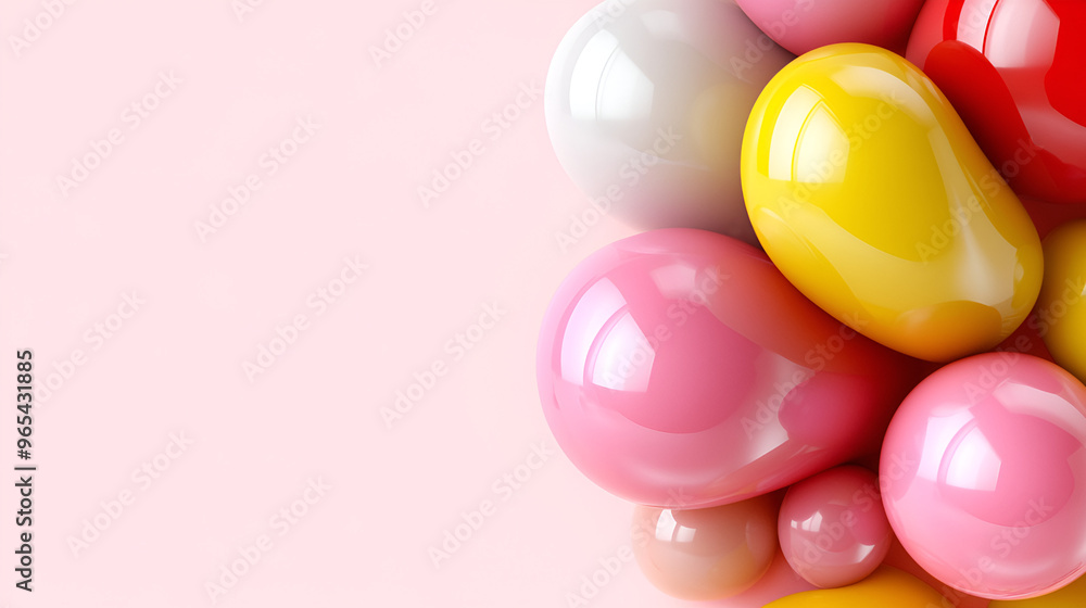 Colorful glossy droplets in various shapes arranged on a pastel pink background during daylight Colorful glossy droplets in various shapes arranged on a pastel pink background during daylight
