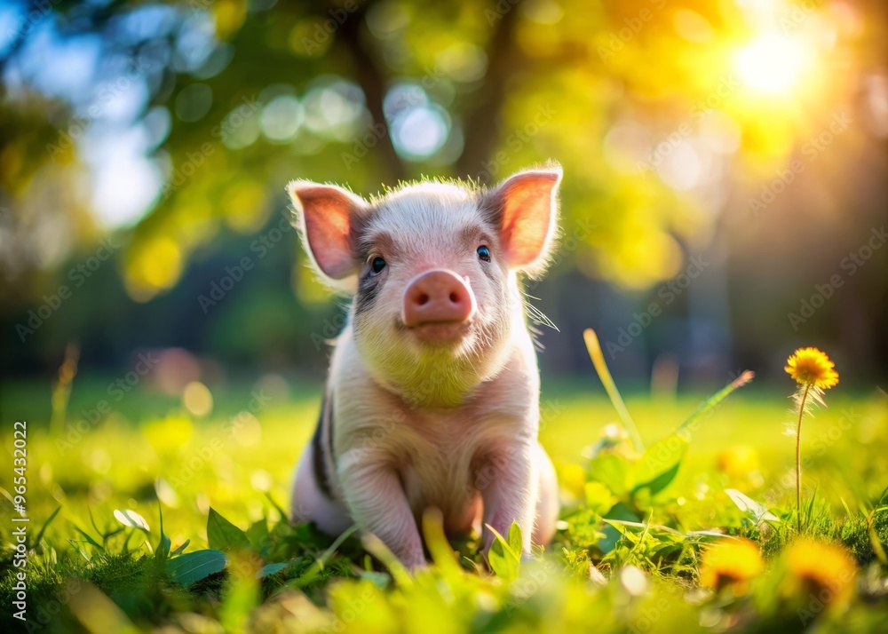 Fototapeta premium A miniature pig relaxes on the lush green grass in the park, soaking up the warm sunshine and gentle breeze.