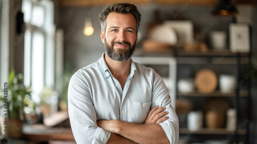 Smiling businessman in casual attire standing confidently in a modern office Smiling businessman in casual attire standing confidently in a modern office
