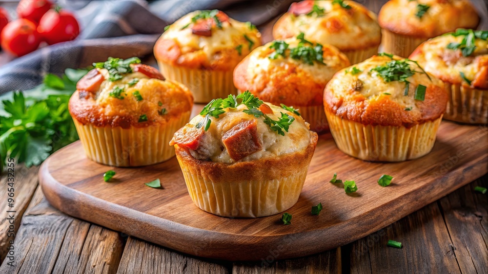 Savory muffins with sausage and cheese on wooden board with herbs Savory muffins with sausage and cheese on wooden board with herbs