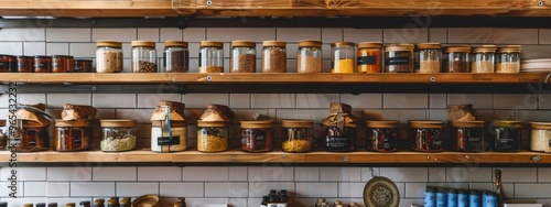 Display of artisanal skincare products on wooden shelves with greenery