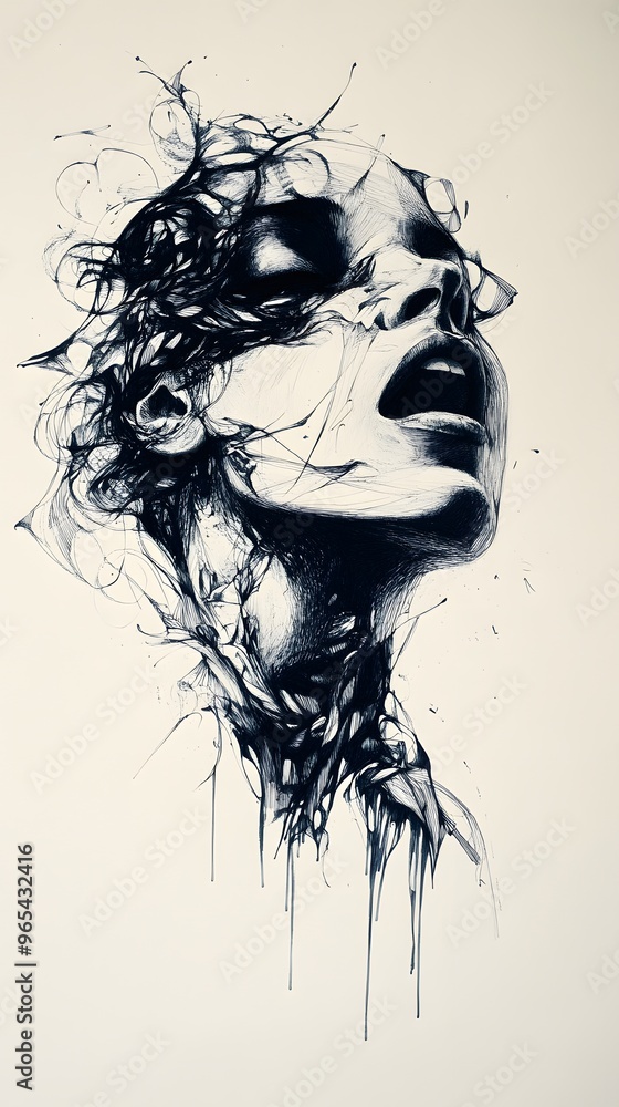 Fototapeta premium Abstract Ink Drawing of a Woman's Face with Dripping Ink
