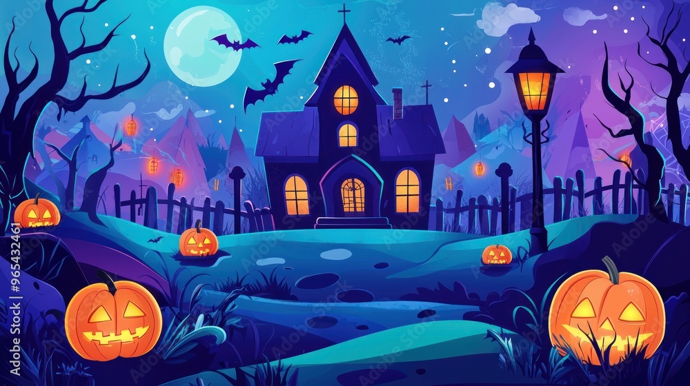Fototapeta premium Flat Vector Illustration of Halloween Background with Haunted House, Pumpkin and Scary Tree. Graveyard Scene for Halloween Lantern Festival Vector Graphic Design. Scary Halloween Night Banner Template