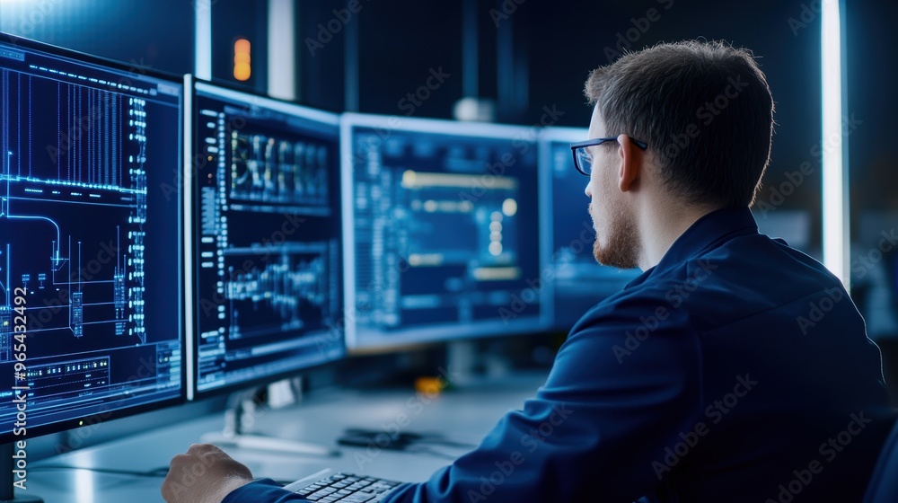 A focused individual working on multiple computer screens, analyzing data and coding in a modern technological environment. A focused individual working on multiple computer screens, analyzing data and coding in a modern technological environment.