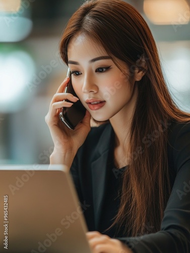 Busy Asian Woman Talking on Cell Phone