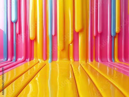 Vibrant abstract background with colorful drips in pink, blue, and yellow, creating a playful and modern artistic atmosphere.