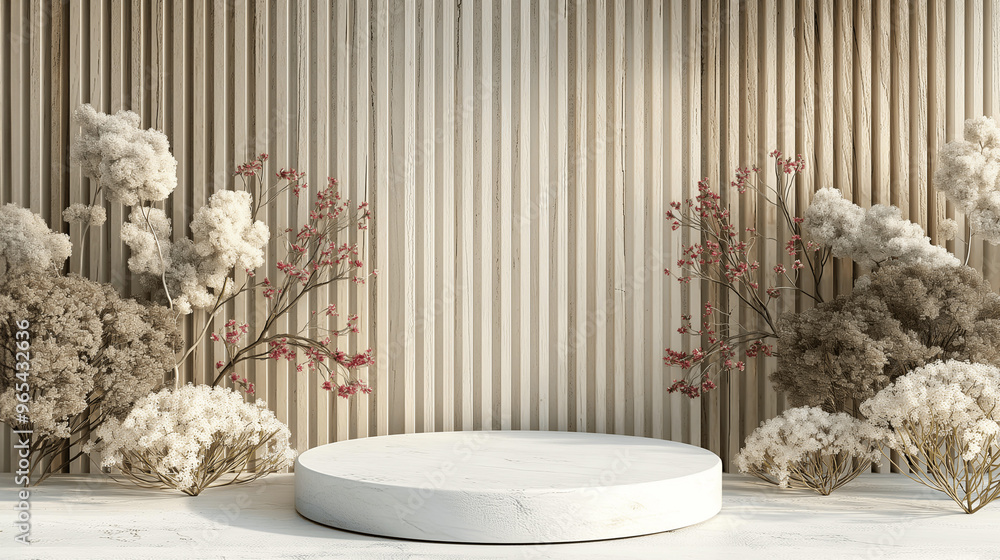Minimalist display podium with dried flowers and textured wooden background Minimalist display podium with dried flowers and textured wooden background