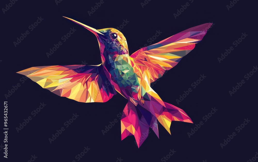 Obraz premium Colorful geometric illustration of a hummingbird in flight against a dark background, showcasing vibrant and intricate polygonal designs.