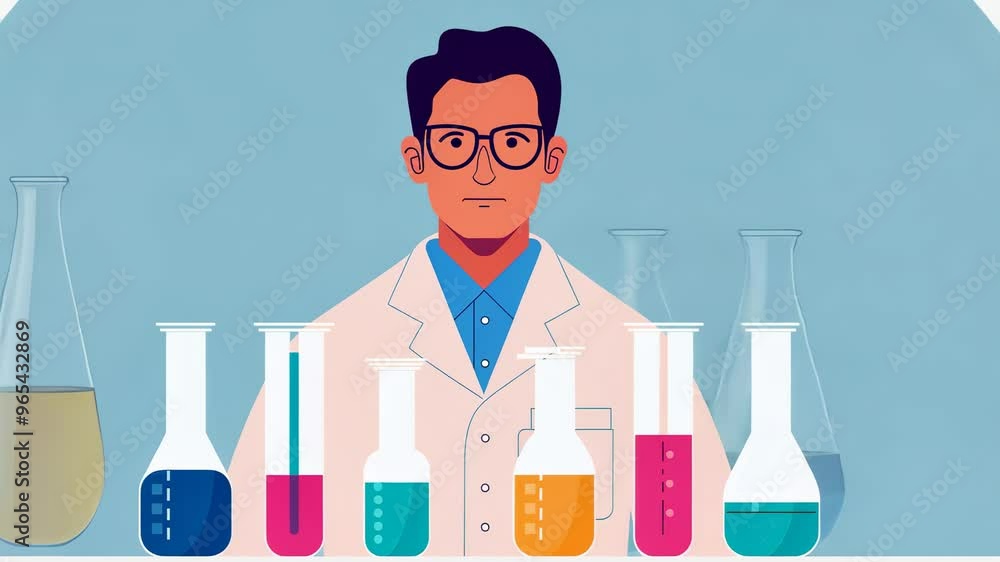 A scientist in a lab coat stands confidently among colorful laboratory flasks A scientist in a lab coat stands confidently among colorful laboratory flasks