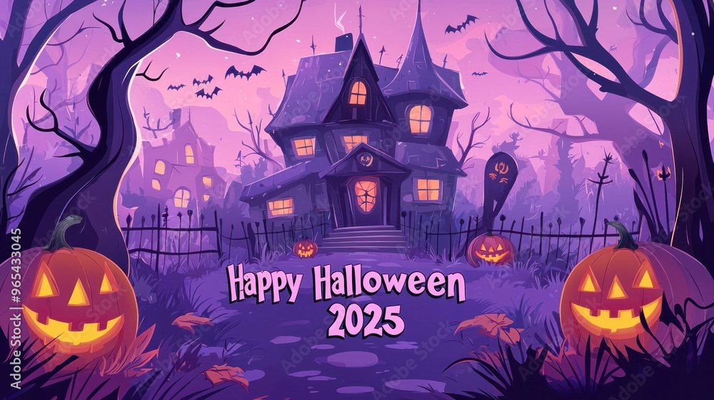 Fototapeta premium Flat Vector Illustration of Halloween Background with Haunted House, Pumpkin and Scary Tree. Graveyard Scene for Halloween Lantern Festival Vector Graphic Design. Scary Halloween Night Banner Template