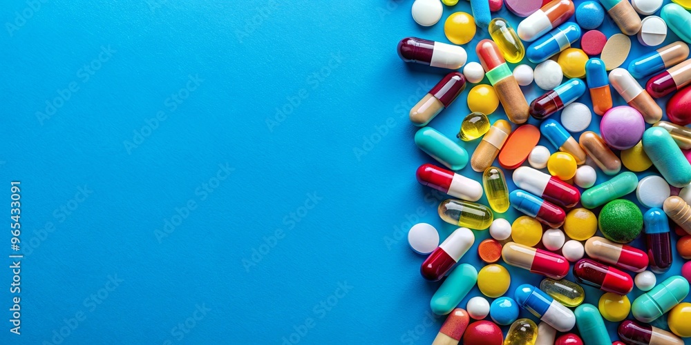 An eye-catching collection of pills and capsules on a vibrant blue backdrop An eye-catching collection of pills and capsules on a vibrant blue backdrop