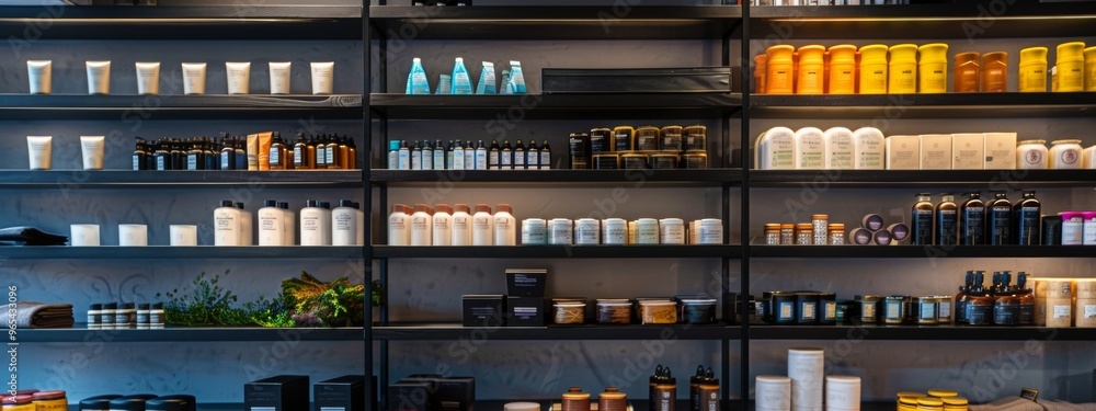 Well-lit modern store shelves displaying a variety of skincare products Well-lit modern store shelves displaying a variety of skincare products