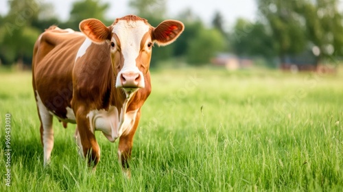 A brown and white cow standing in a lush green pasture, enjoying the serene countryside landscape during a sunny day.