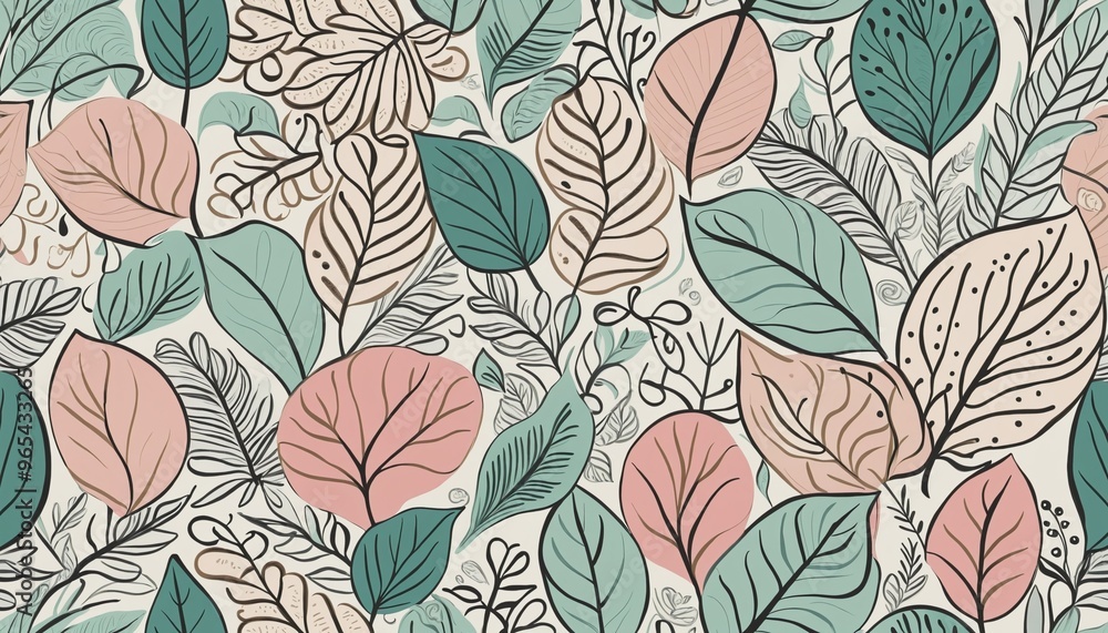 Abstract plant leaf art pattern with hand drawn foliage doodle, illustration Abstract plant leaf art pattern with hand drawn foliage doodle, illustration
