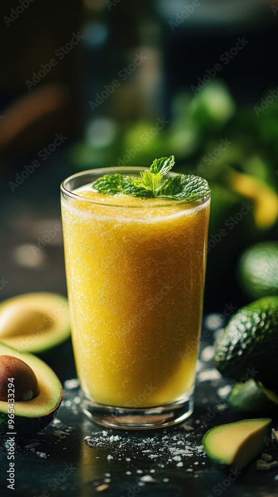 A refreshing avocado smoothie in a glass with fresh mint garnish, surrounded by avocado halves and slices. A refreshing avocado smoothie in a glass with fresh mint garnish, surrounded by avocado halves and slices.