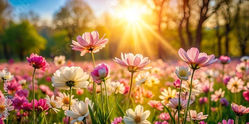 Close up of blooming flowers in a sunlit field with trees in background