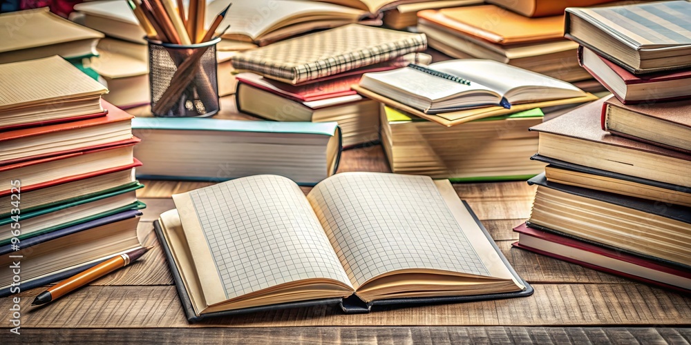 Fototapeta premium An open book surrounded by notebooks and papers on a textured surface