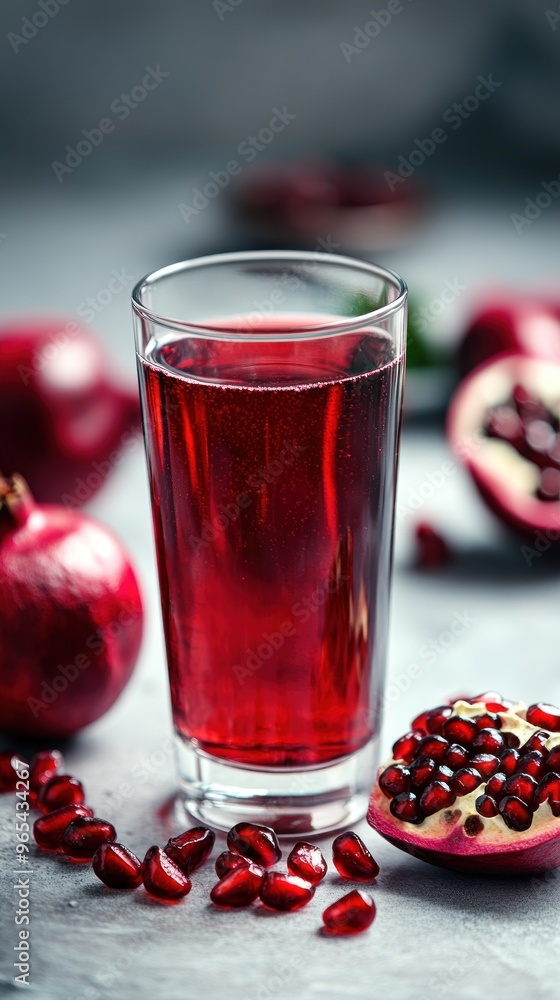 Glass of fresh pomegranate juice with whole and halved pomegranates. Glass of fresh pomegranate juice with whole and halved pomegranates.