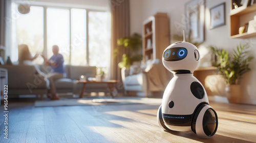 Home robot assistant in a cozy living room, with elderly couple interacting in the background, showcasing smart home technology photo