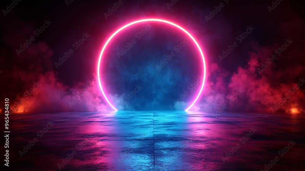 Vibrant neon circle illuminated by smoke and soft light in dark setting Vibrant neon circle illuminated by smoke and soft light in dark setting