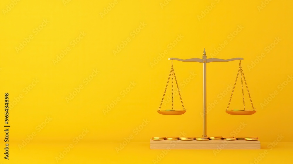 Scales of gold, coins evenly distributed, symbol of balance, 3D illustration Scales of gold, coins evenly distributed, symbol of balance, 3D illustration