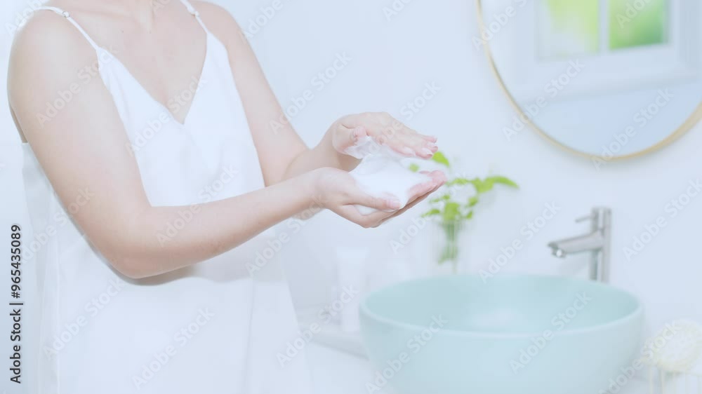 Girl with white foam in her palm, showing the smooth foam and playing with it. Footage of preparing to wash your face, demonstrating the foaming feature of the facial cleanser Girl with white foam in her palm, showing the smooth foam and playing with it. Footage of preparing to wash your face, demonstrating the foaming feature of the facial cleanser