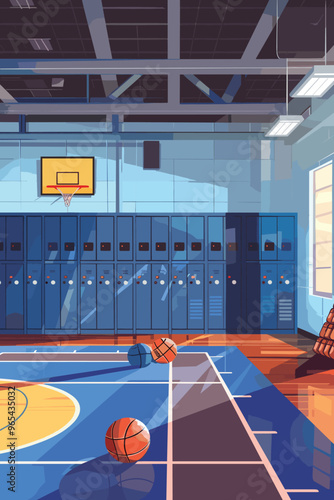 Modern Athletic Room Interior with Metal Lockers and Various Sports Equipment