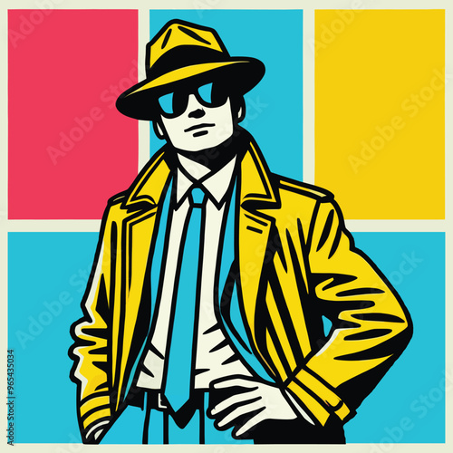 A detective camouflaged in a cloak, dark glasses, and hat stands confidently in a pop art style. Vector illustration