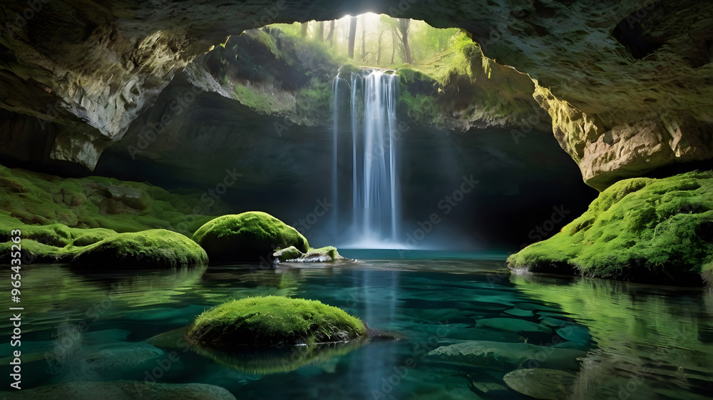 View of the waterfall from the cave, Spectacular stalactites and stalagmites formed by water and mineral deposits decorate the caves. View of the waterfall from the cave, Spectacular stalactites and stalagmites formed by water and mineral deposits decorate the caves.