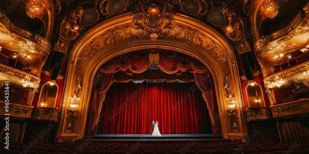 Fototapeta premium Ornate theater with red curtains and couple on stage.