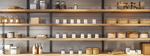 Organized pantry display with storage jars, bottles, and baskets on wooden shelves photo