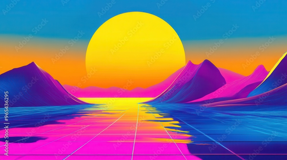 A vibrant retro-futuristic landscape featuring colorful mountains and a digital sunset over a reflective body of water. A vibrant retro-futuristic landscape featuring colorful mountains and a digital sunset over a reflective body of water.