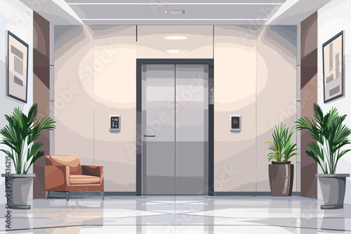 Modern Office Building Interior with Open Elevator and Furnished Hallway