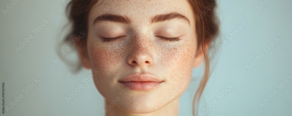 Young woman with freckles, serene expression. Natural beauty and tranquility concept Young woman with freckles, serene expression. Natural beauty and tranquility concept