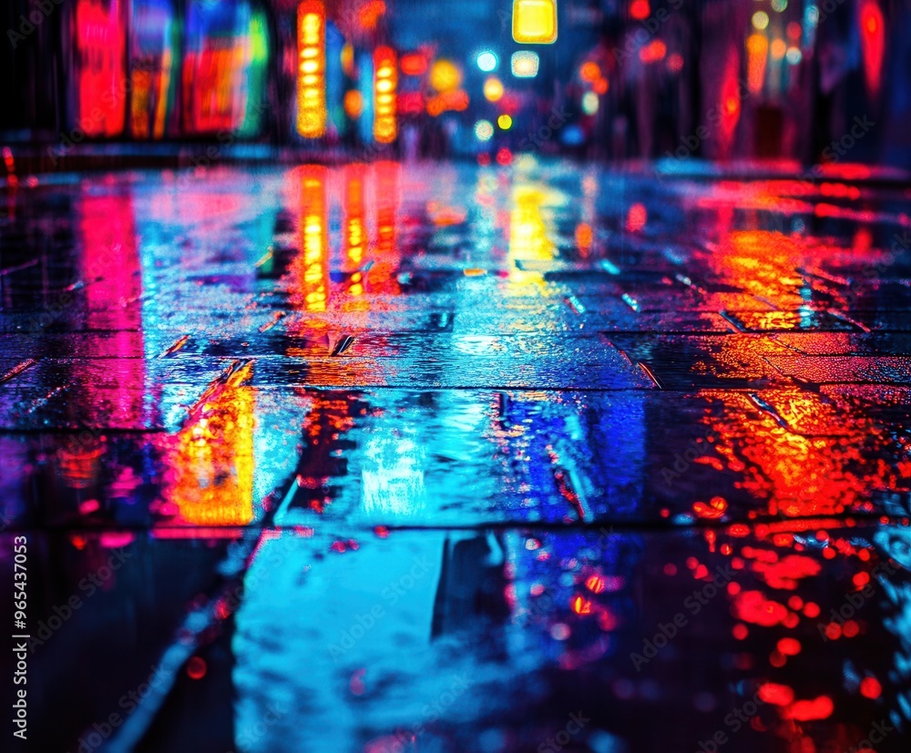 Naklejka premium Vibrant urban scene with colorful reflections on wet pavement after rain, evoking a lively city atmosphere at night.