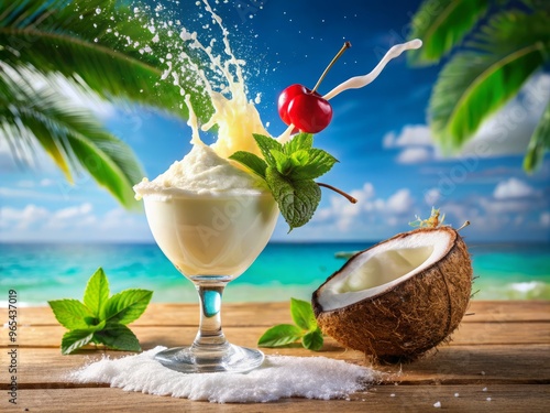 Freshly shaken coconut cream pours into a glass rimmed with colorful sugar, garnished with a cherry and sprig of mint, on a tropical beach scene. photo