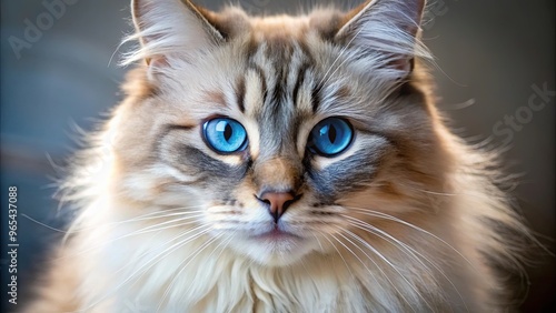 Close-up of fluffy cat with striking blue eyes in soft lighting gazing upward