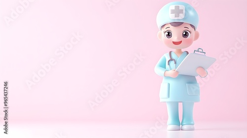 Cute Cartoon Doctor Holding Clipboard Pink Background