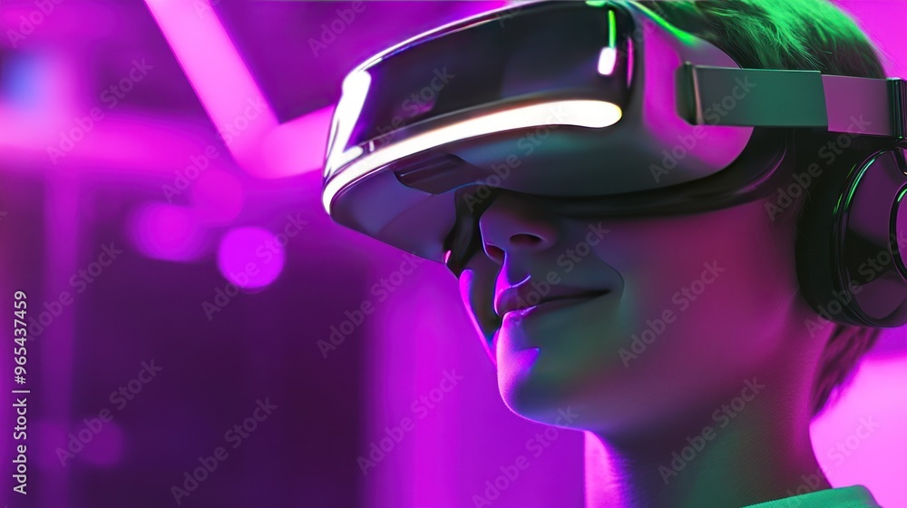 A young person wearing a VR headset and headphones, looking upwards with a sense of wonder and excitement. The background is blurred and features colorful lights and bokeh effects. A young person wearing a VR headset and headphones, looking upwards with a sense of wonder and excitement. The background is blurred and features colorful lights and bokeh effects.