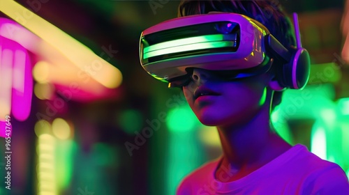 A young boy wears a VR headset and looks up with a fascinated expression, standing in a brightly lit, neon-colored, futuristic setting.