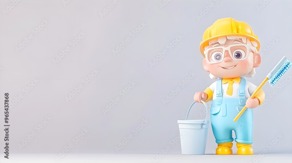 Happy Cartoon Janitor Holding Cleaning Supplies Happy Cartoon Janitor Holding Cleaning Supplies