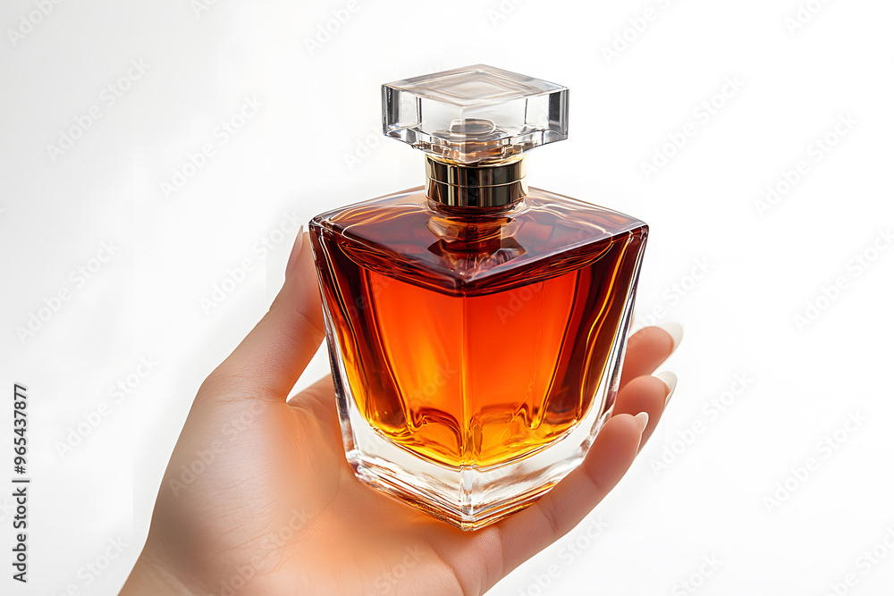 A hand holding pure bottle of perfume, Mock up perfume bottle isolated on white background A hand holding pure bottle of perfume, Mock up perfume bottle isolated on white background