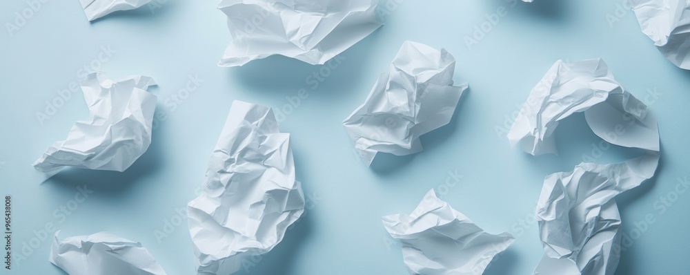 Crumpled white paper balls on light blue background, abstract composition. Creativity and problem-solving concept Crumpled white paper balls on light blue background, abstract composition. Creativity and problem-solving concept