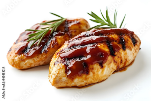 Grilled chicken breast with barbecue sauce isolated on white background
 photo