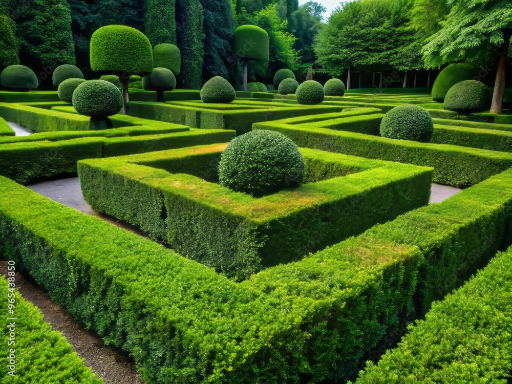Dark green boxwood trimmed into intricate shapes forms a maze-like border around the garden, creating a dense and verdant frame. Dark green boxwood trimmed into intricate shapes forms a maze-like border around the garden, creating a dense and verdant frame.