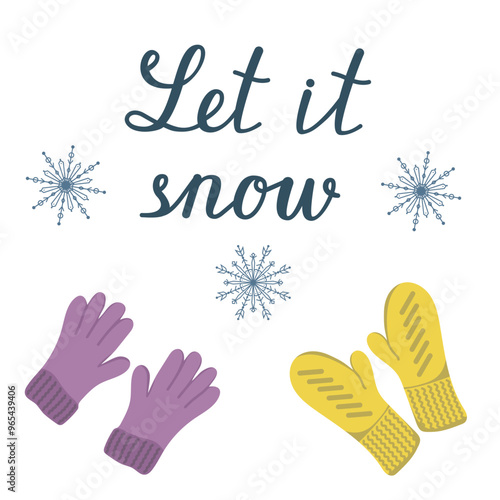 Vector image with knitted warm mittens and gloves. Set of warm clothes for cold season and snowflakes. Winter sale concept.