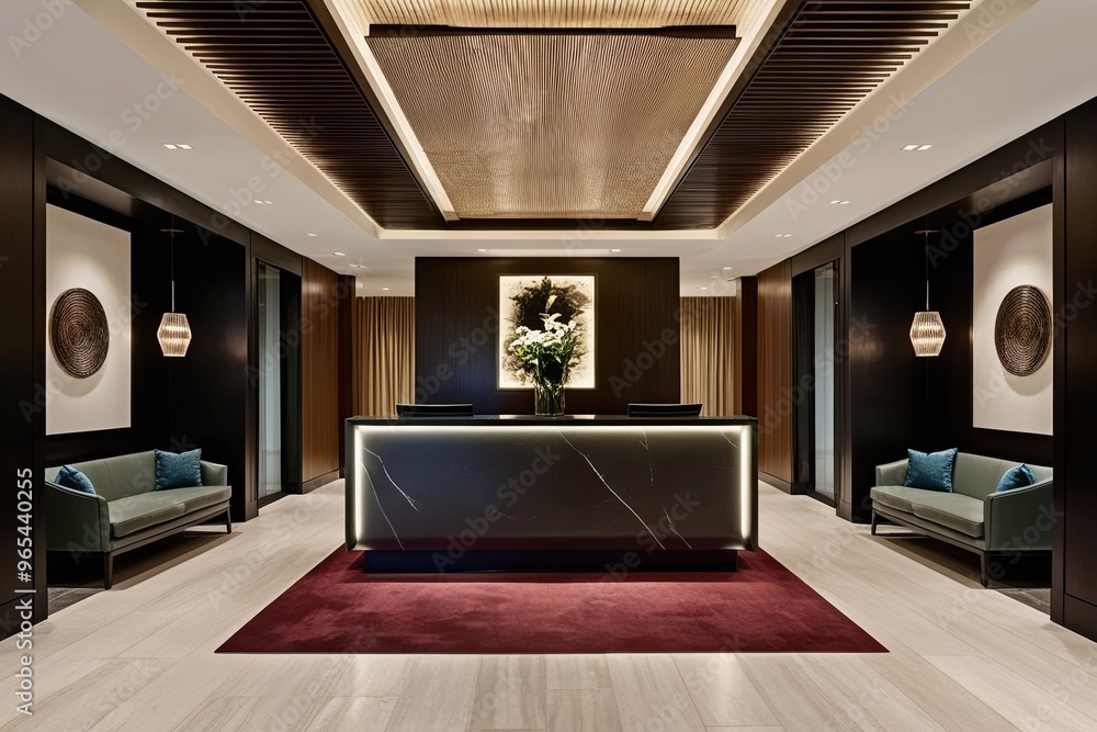 Fototapeta premium Elegant Hotel Lobby Featuring Modern Reception Desk and Serene Lounge Area for Luxurious Stay and Inviting Arrival Experience