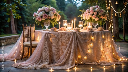 luminous moonbeams spill across a velvet-draped tablescapes with antique lace and delicate peonies in shades of blush